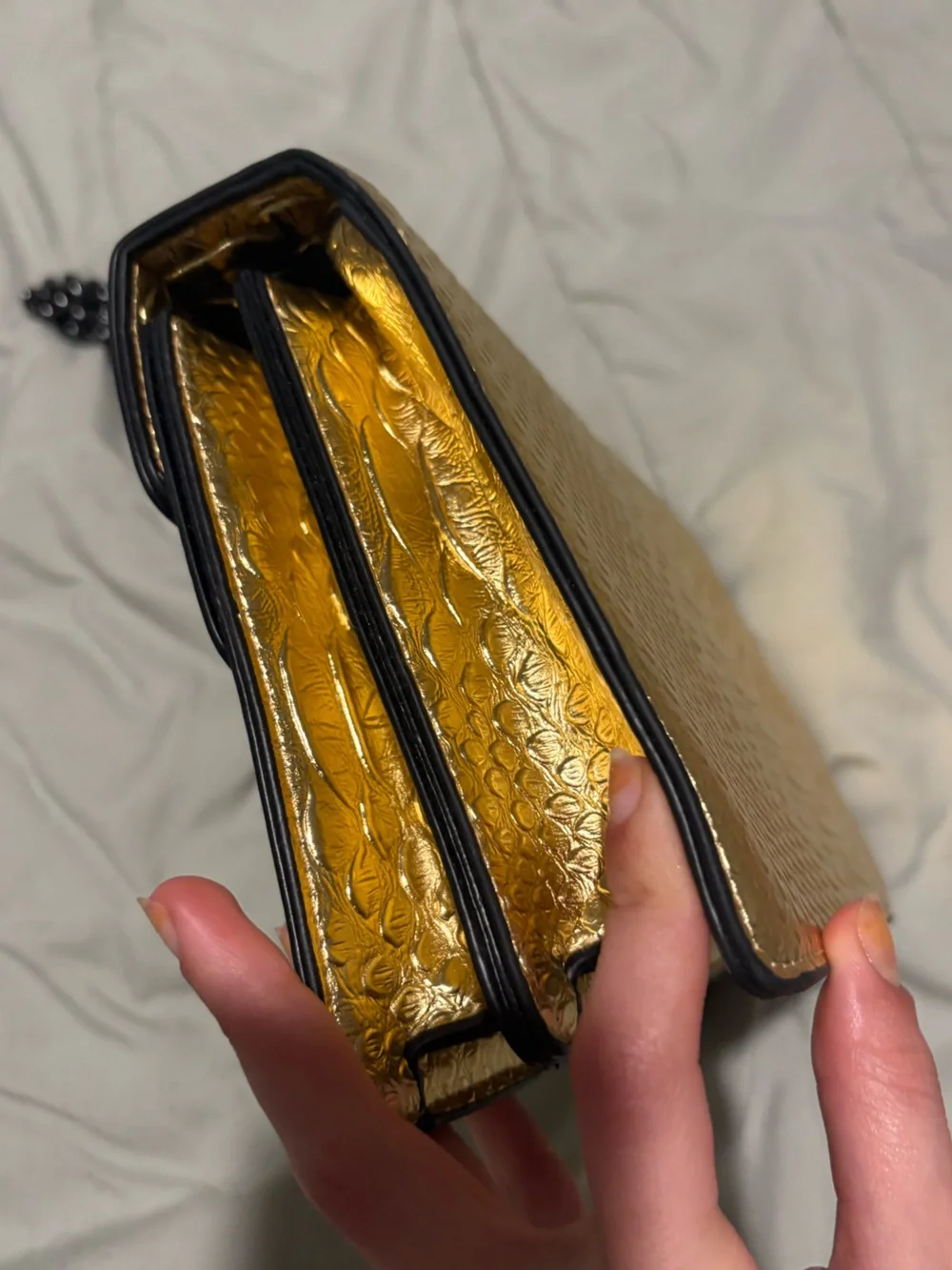 Metallic Gold Textured Shoulder Bag with Decorative Clasp